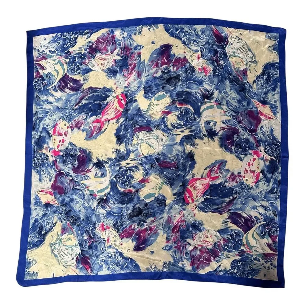 100% Silk Vintage Women's Coastal Style Fish Scarf Beach Nautical
